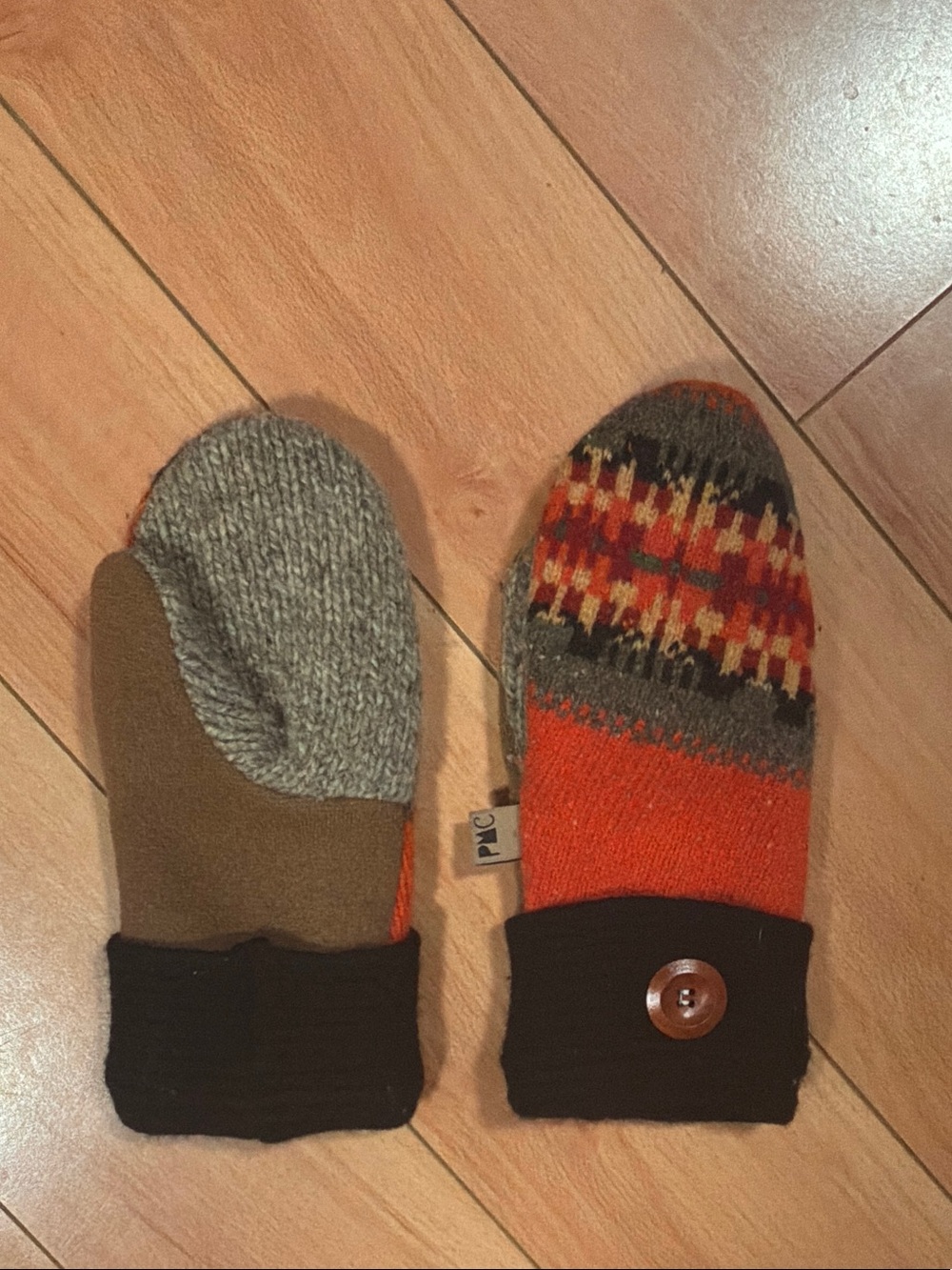 Cozy Knit Patterned Mittens in Orange, Gray & Brown